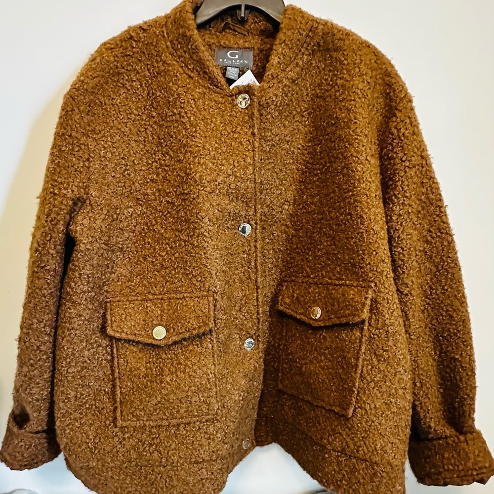 NWT Gallery Toffee Teddy Bouclé Jacket with Pocket Flaps